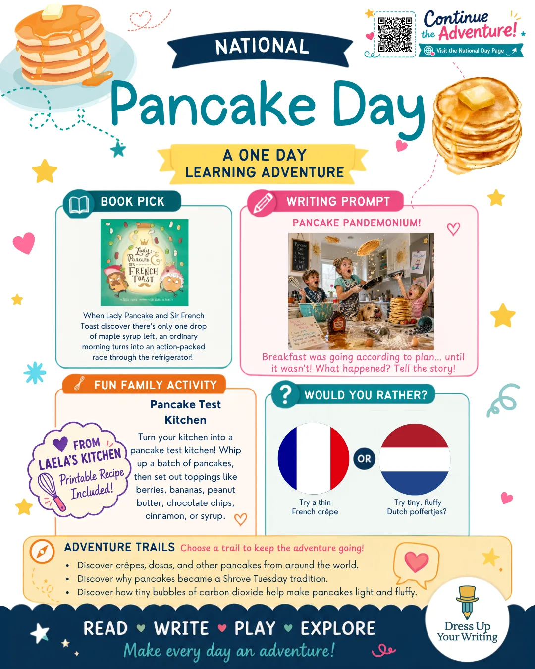 Infographic with writing prompt, book pick, family activity, and would you rather question for Pancake Day learning adventure
