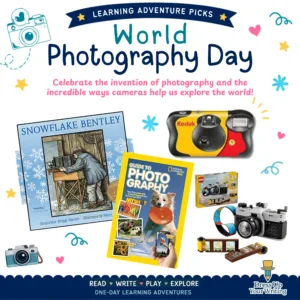 Collage of photography books, disposable camera and camera themed Lego set for World Photograph Day