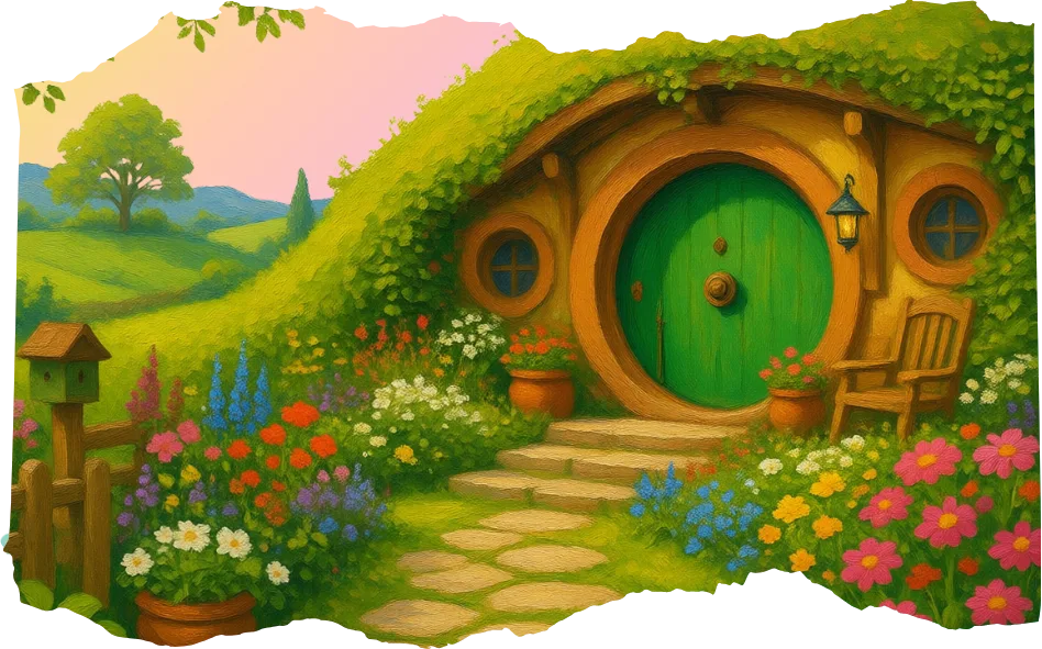 a round green door in the side of a lush green hill with bright colorful flowers