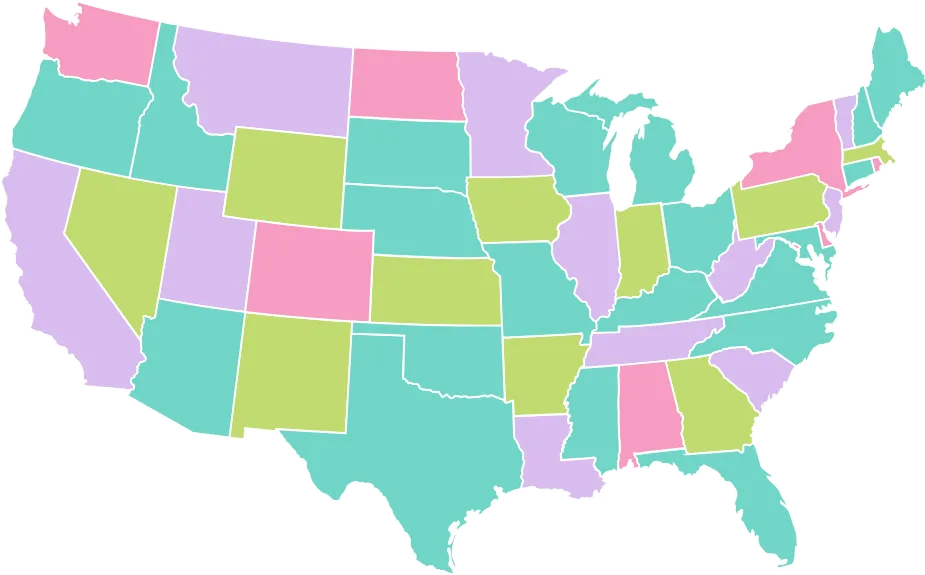 an outline of the 50 United States in bright pastel colors