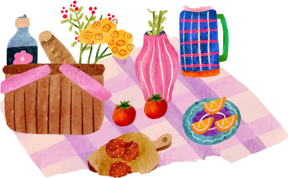 a watercolor style image of a picnic spread in pinks and mauves