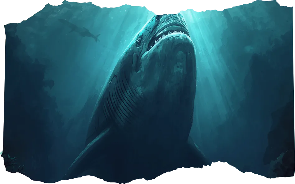 An illustration of a huge megalodon in deep blue ocean water