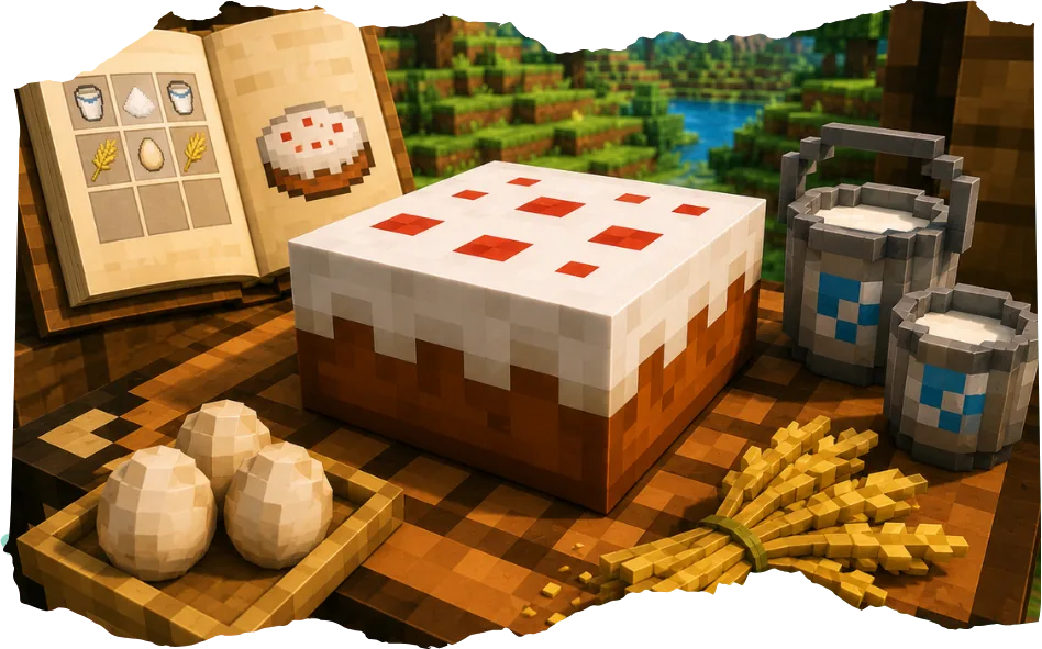 A wooden table with a colorful block-built cake and ingredients inspired by Minecraft.