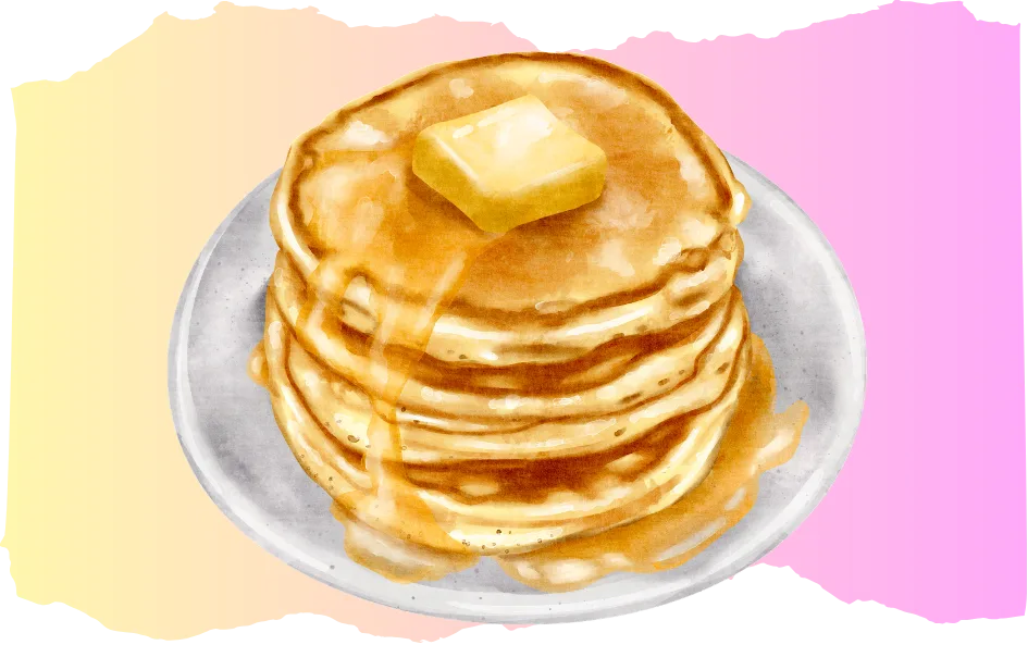An illustration of buttermilk pancakes on a fun pink and yellow background