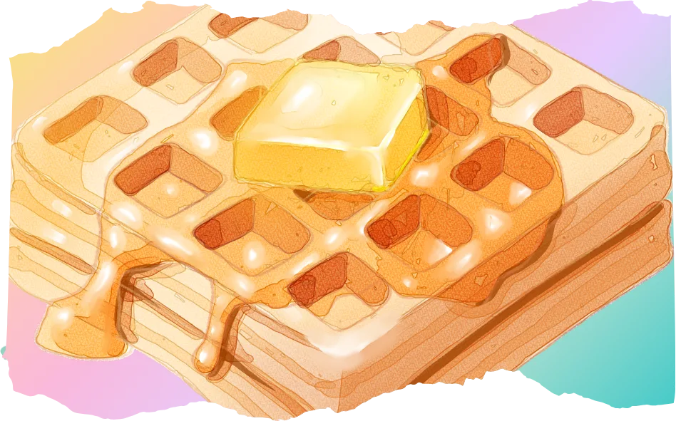 an illustrated image of a golden waffle on a pastel gradient background