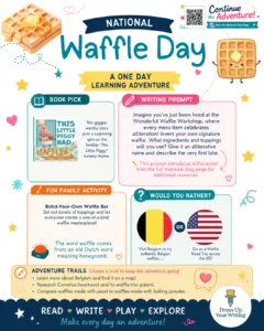 colorful national waffle day infographic with book pick, writing prompt, family activity
