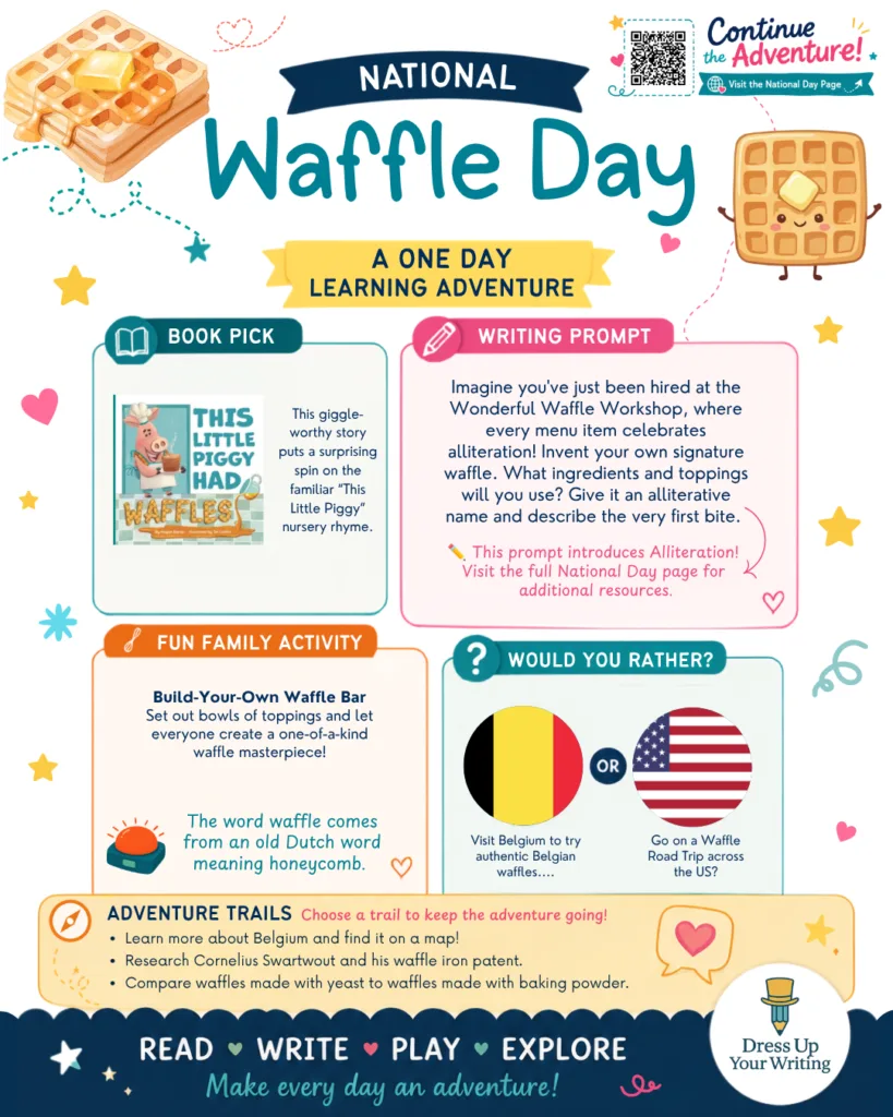 colorful national waffle day infographic with book pick, writing prompt, family activity
