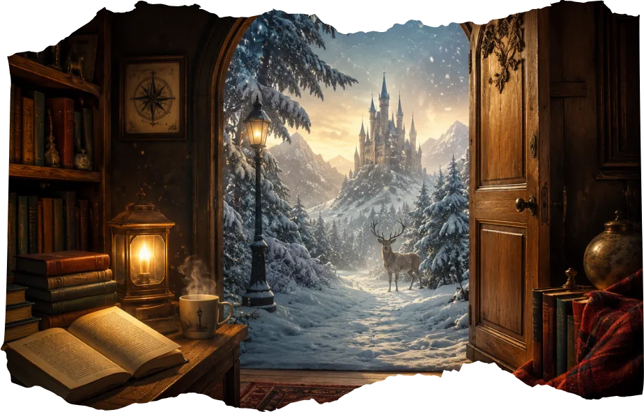 an illustrated style image of a wooden door looking out onto a Narnia inspired snowy world