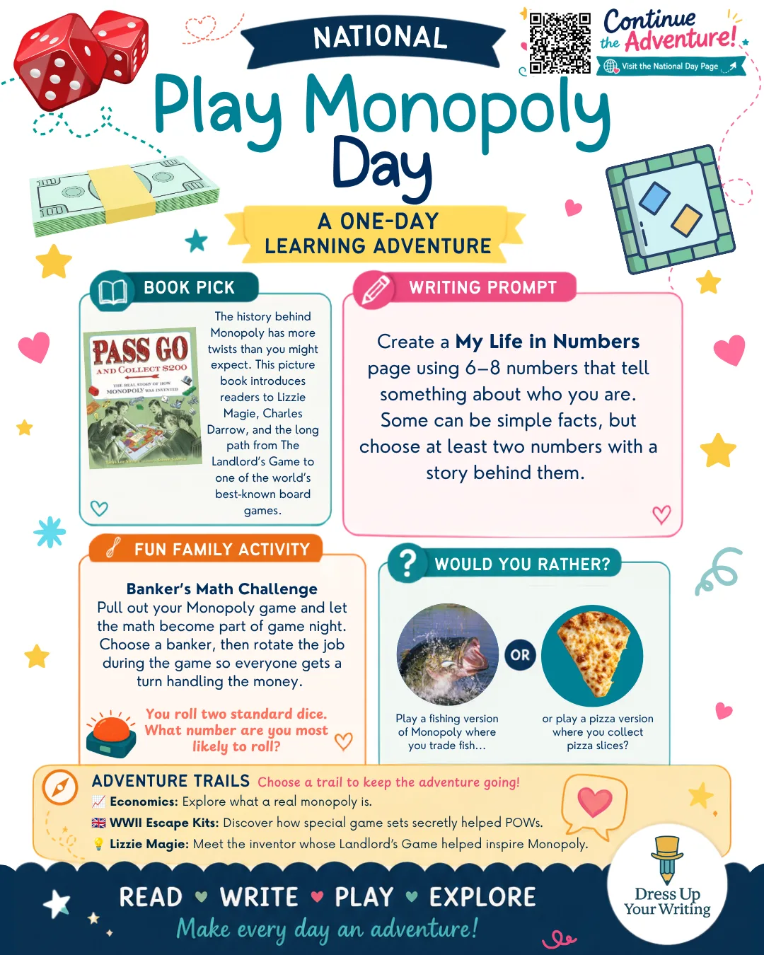 national play Monopoly Day mini homeschool lesson plan