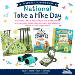 Collage of hiking books, compass, and binoculars for National Take a Hike Day.