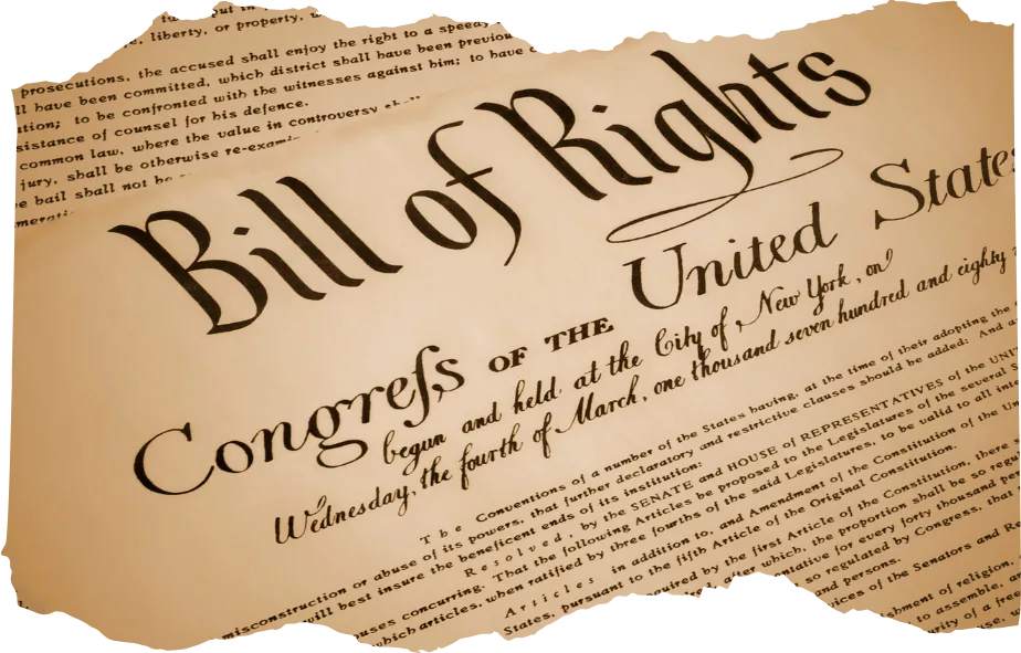 part of the United States flag against an old parchment paper that reads Bill of Rights
