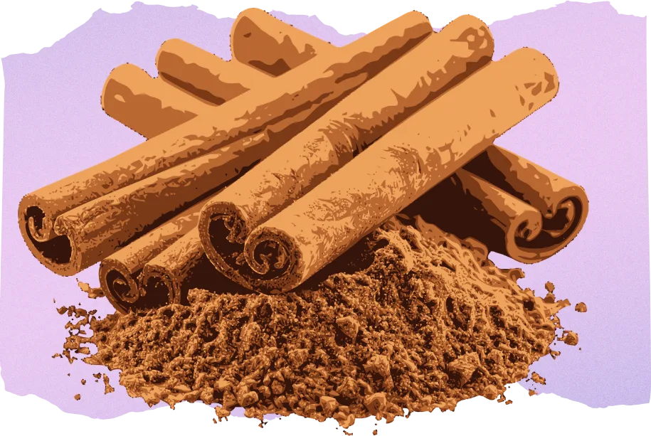 an illustrated style image of cinnamon sticks and ground cinnamon on a purple gradient background