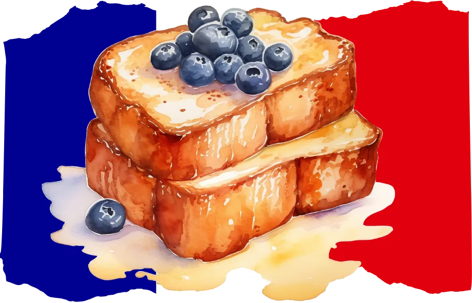 an illustrated image of thick french toast topped with blueberries and syrup with a French flag in the background