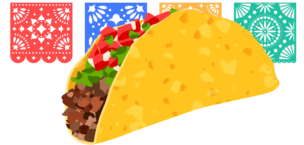 An illustrated style image of a taco with a bright papel picado banner in the background