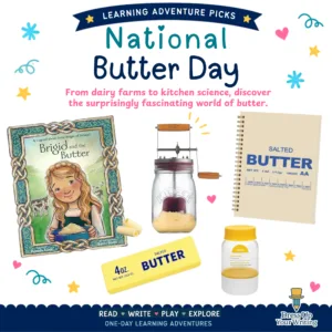 collage of books, butter churn, butter squishy and butter notebook inspired by National Butter Day