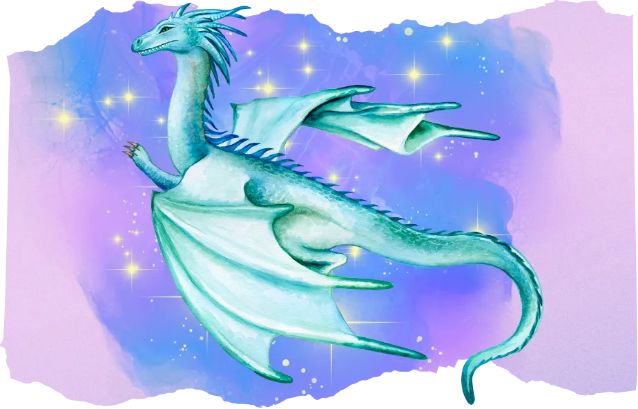 a light green illustrated style winged dragon on a purple and blue starry background