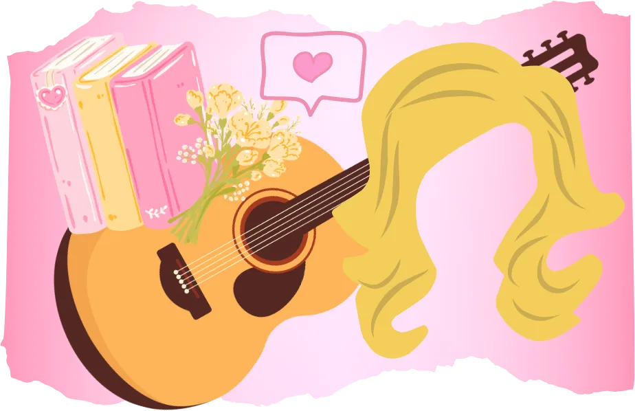 an illustrated collage representing dolly parton on a pink gradient background