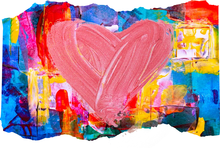 a brightly colored abstract painting with a painted heart in the center