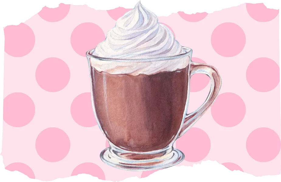an illustrated style image of a clear mug of hot chocolate topped with decadent whipped cream on a pink pastel polka dot background