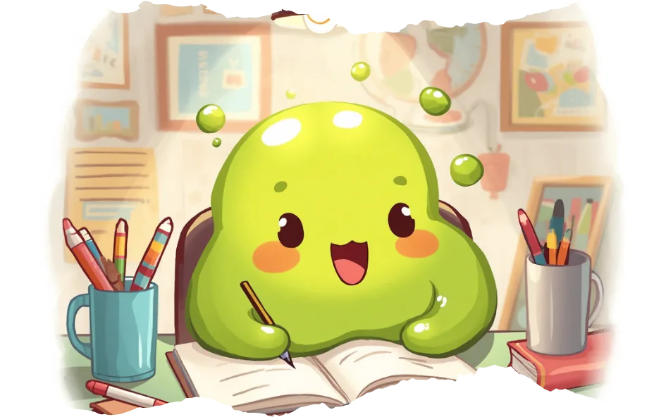 an illustrated style image of a bright green blob of slime writing in a journal