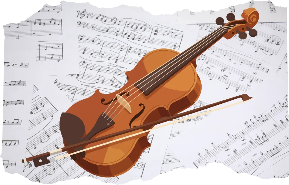 an illustrated style violin layered over black and white music sheets