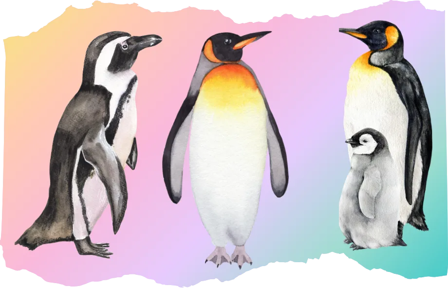 watercolor style penguins on a pastel gradient background