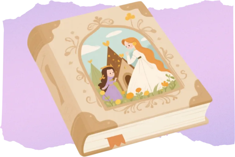 an illustrated style image of a fairy tale storybook on a pastel purple background