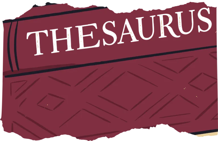 a maroon background with the word Thesaurus
