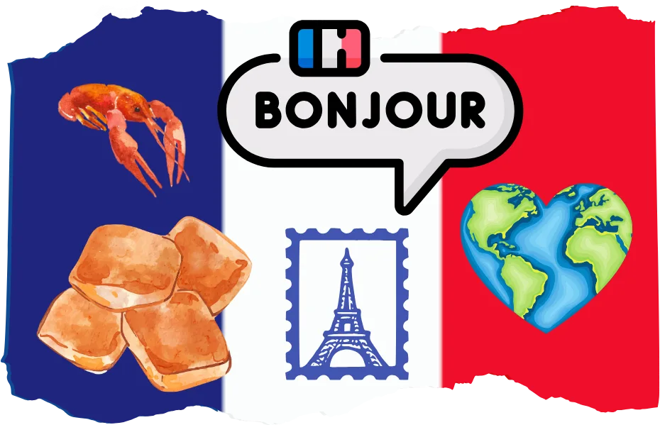 a clipart collage for International Francophonie Day featuring a heart shaped globe, eiffel tower stamp, beignets, a crawfish, and the word bonjour in a speech bubble on a blue, white, red background